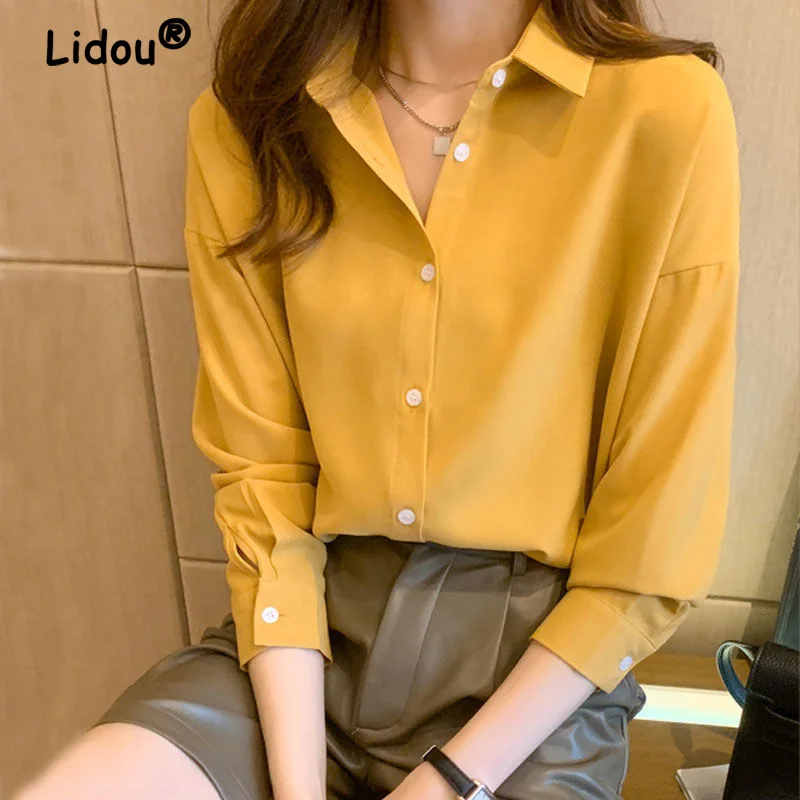 Blusa de un solo pecho para mujer, camisa clásica de manga larga con cuello tipo Polo, informal, combina con todo, Color sólido, 2022