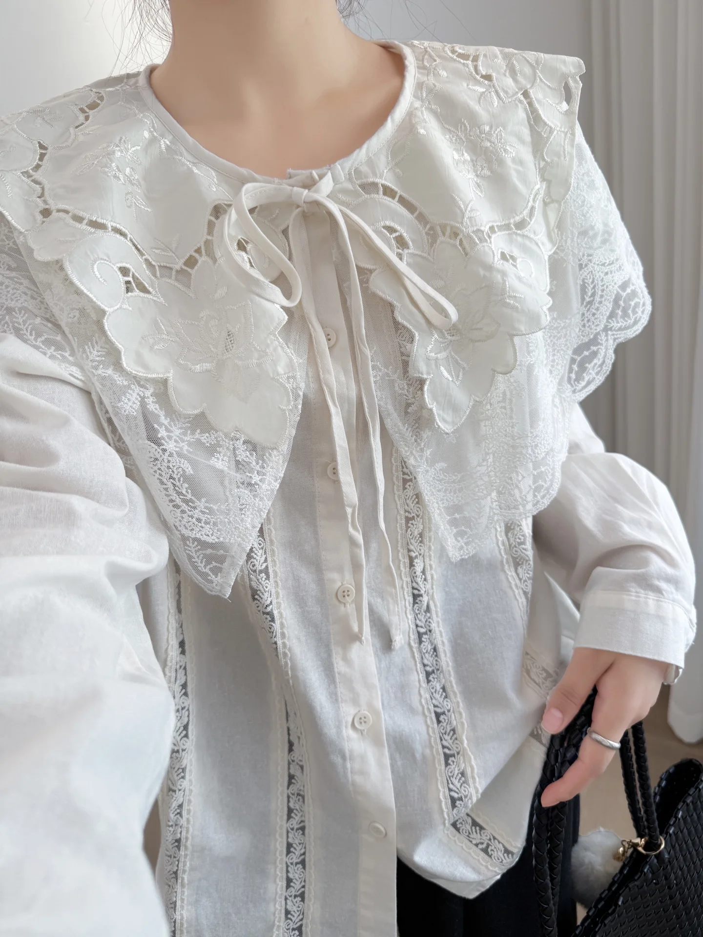 Japonais doux Mori fille dentelle broderie coton chemises femmes mignon Double couche col claudine à manches longues décontracté Blouse ample