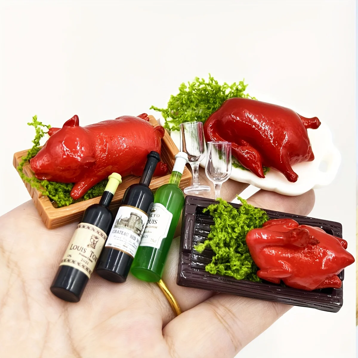 6Pcs 1:12 Dollhouse Wine & Food Set, Mini Pig Duck Chicken Turkey Model, DIY Miniature Scene Decor, Holiday Gift