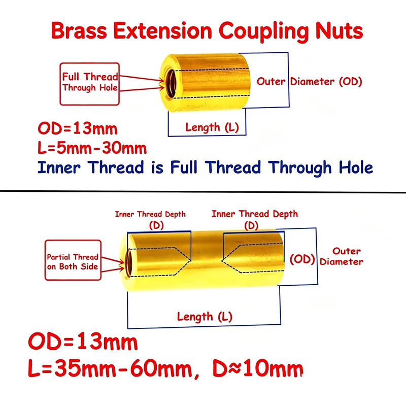 Brass Long Extension Coupling Nuts 3/8-16 UNC 3/8-24 UNF Thread Round Connecting Joint Sleeve Mechanical Fastener Nuts