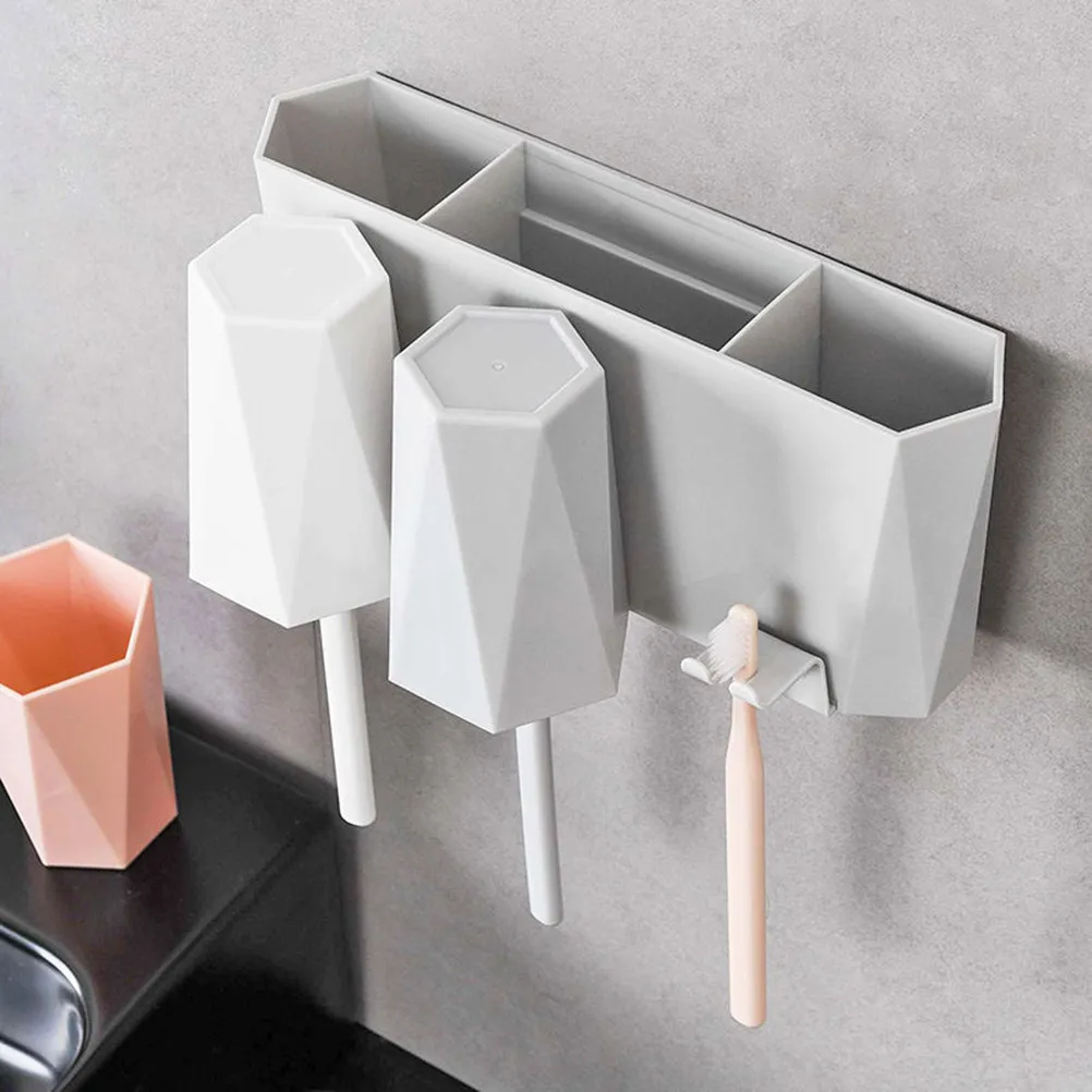 1 Set Wall Mount Toothbrush Holder Plastic Bathroom Organizer Rack Gargle Cups Storage For Toothbrush Toothpaste Grey