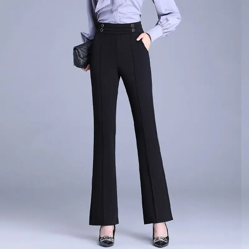 Spring Autumn Elegant Buttons Solid Color Elastic Waist Flare Ladies Fashion Slim High Waist Temperament Pants Women Clothes