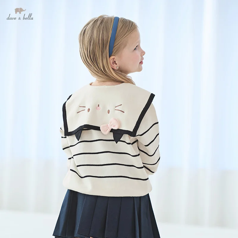 Dave Bella 2025 New Girls Baby Pure Cotton Knitted Sweater Pullover Cute Gentle Spring Children's Striped Cardigan DB1250608