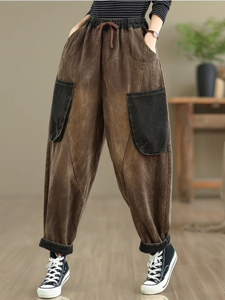 

2025 новые модные осенние джинсы, женские винтажные свободные джинсовые брюки, женские классические брюки для отдыха с эластичной резинкой на талии и двойными карманами