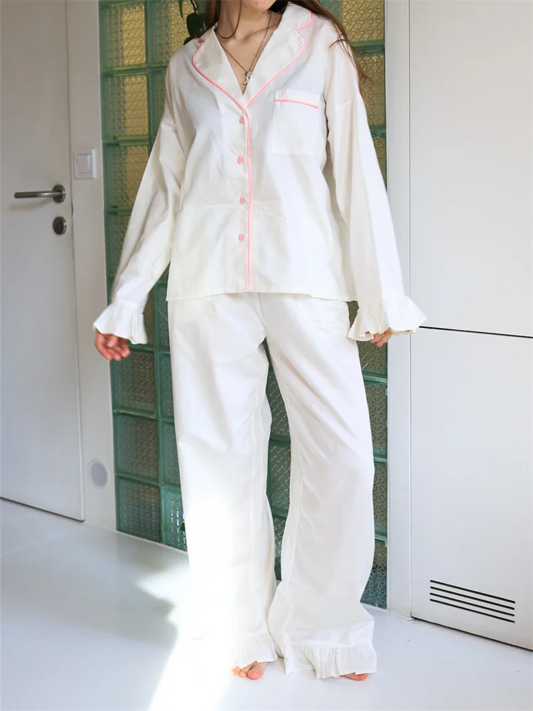 

CHRONSTYLE Лоскутные свободные повседневные пижамные комплекты из 2 предметов для женщин, рубашки с длинными расклешенными рукавами, топы и широкие брюки, одежда для сна 2025