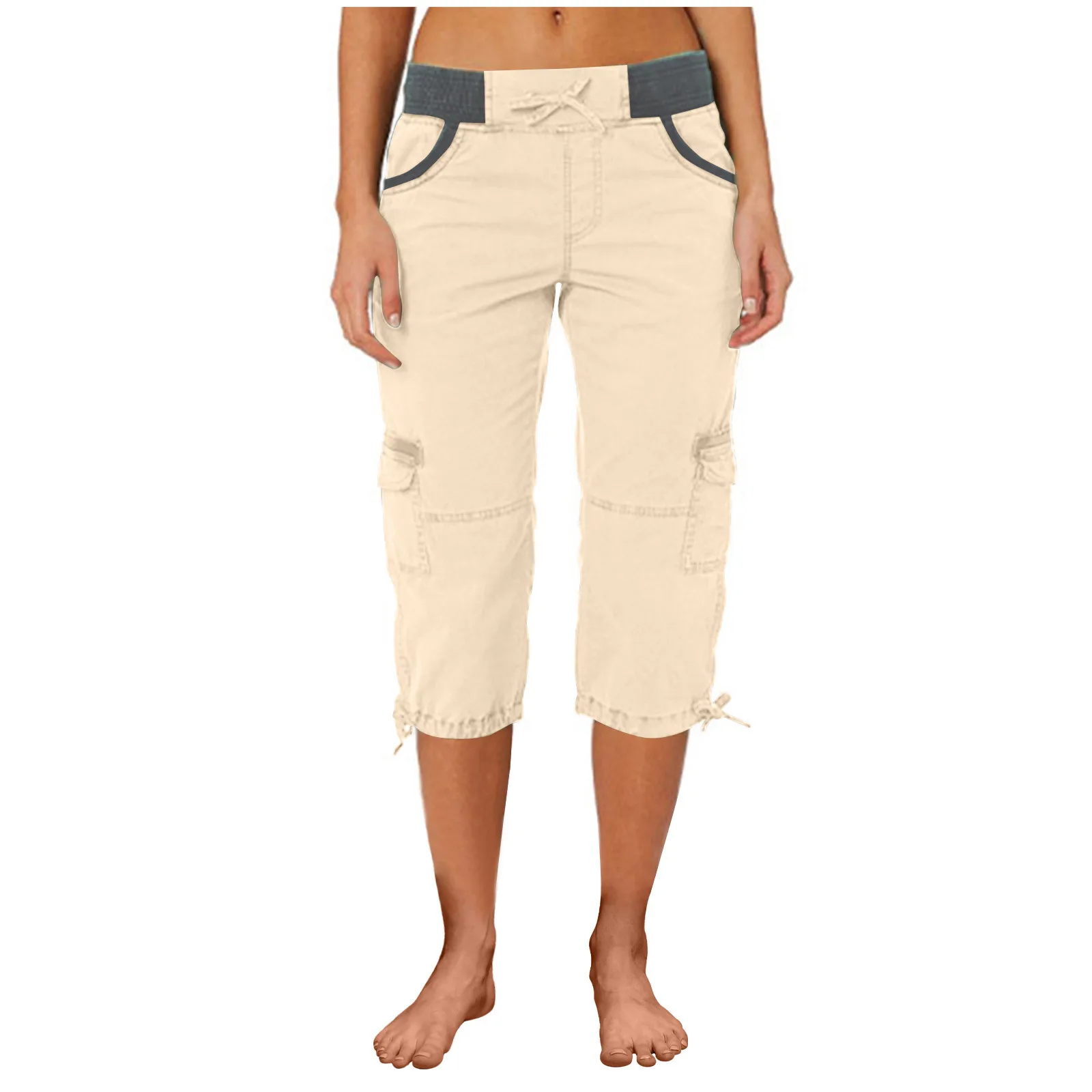 2026 Women's Summer Casual High Waist Drawstring Pocket Workwear Pants Solid Loose Wide Leg Extendable Cuffs 7-inch Pants Female