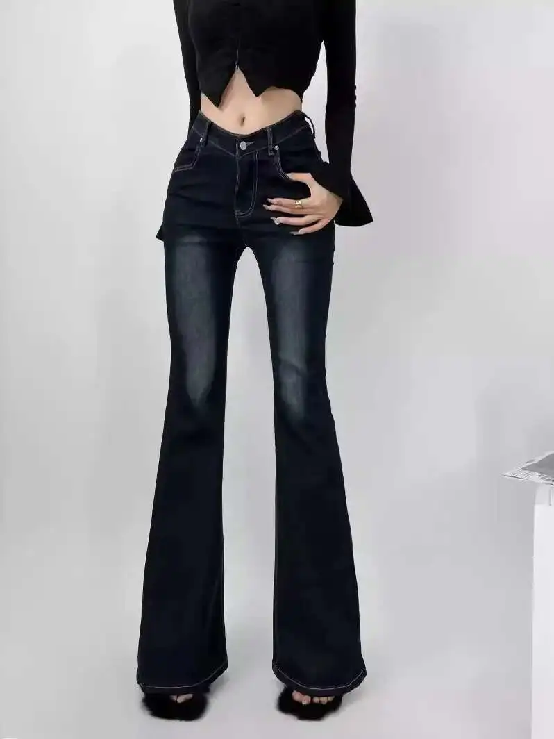 

2024 Summer V-waist Lifted Buttocks Micro Flared Jeans Women Spicy Girl Retro Elastic Casual Versatile Slim Pants KU6P