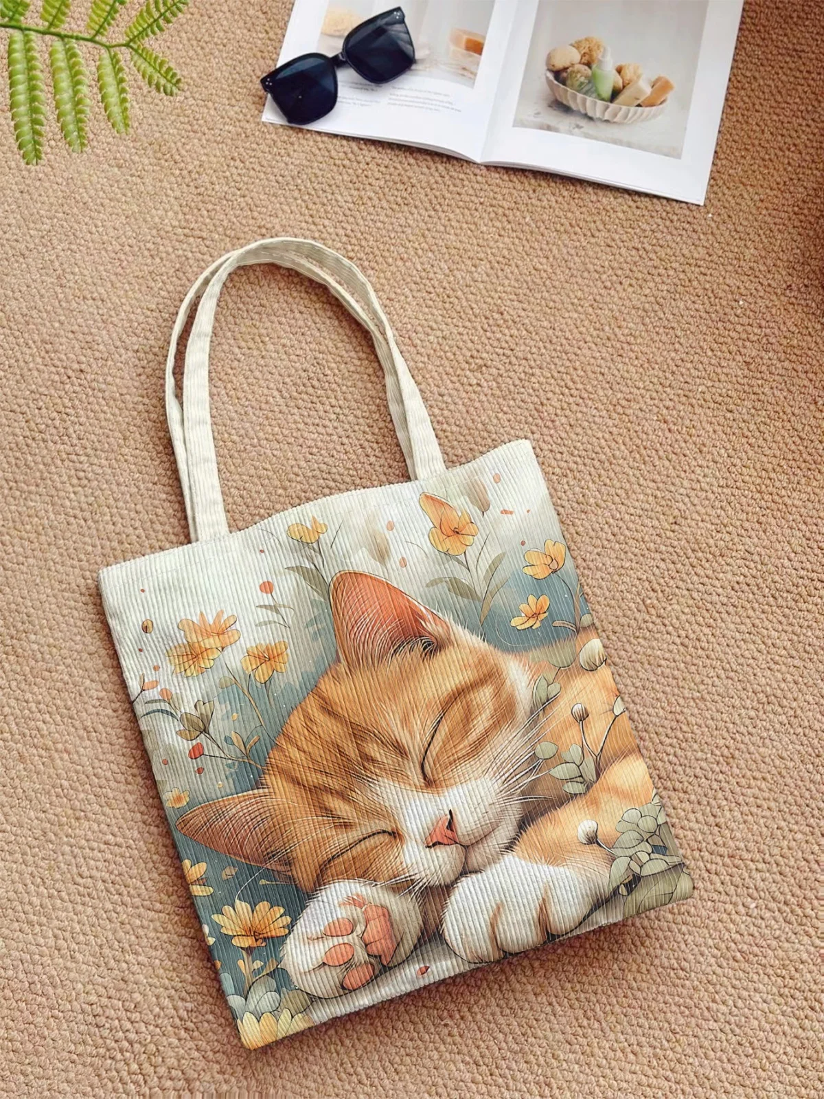 Corduroy sleeping orange cat and printed handbag, suitable for daily commuting and shopping, easy to carry various necessities