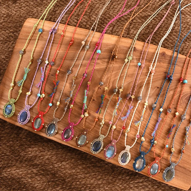 

Boho Macrame Gemstone Pendant Necklace Handmade Braided Cord Chain, Natural Stone Statement Jewelry For Women Gifts