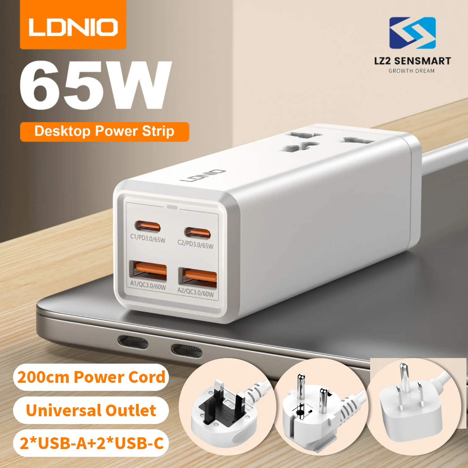 

LDNIO GaN 65 Вт Настольный удлинитель типа C Зарядное устройство Великобритания США ЕС KR вилка PPS PD3.0 QC4.0 Быстрое зарядное устройство с удлинителем 2 м SC1418