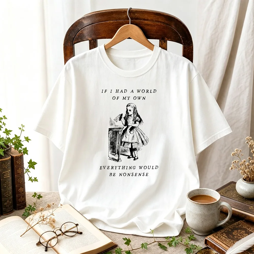 Women Alice in Wonderland If I Had A World of My Own Graphic T-Shirt Book Lover Vintage Literature Quote Cottagecore Casual Tops