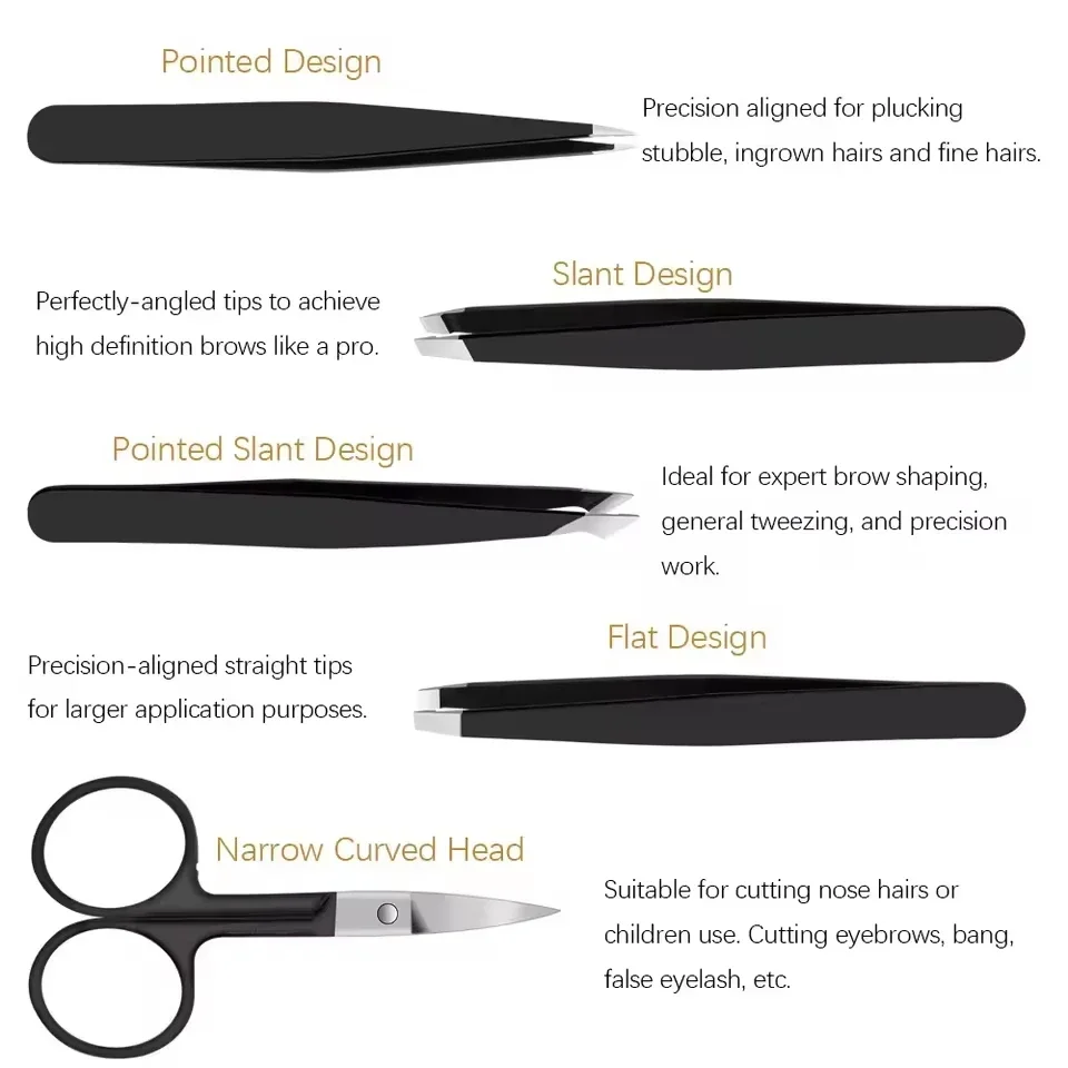 제거 메이크업 도구 5피스 스테인레스 스틸 뷰티 핀셋 세트 전문 눈썹 속눈썹 및 가는 머리카락