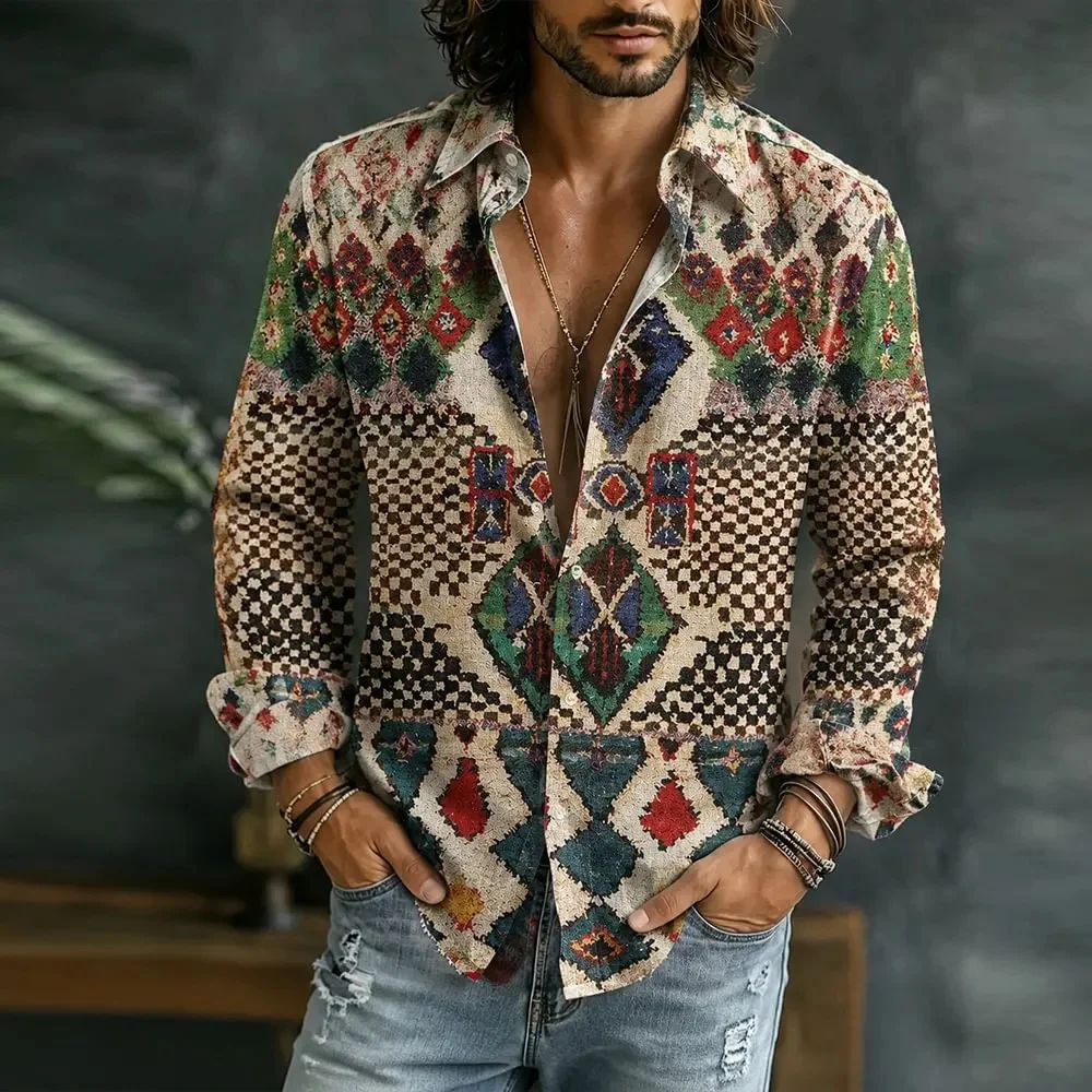 Men's Bohemian Floral Print Long Sleeved Shirt, Collared Button Up Shirt, Retro Hippie Casual Beach Vacation Top for Men