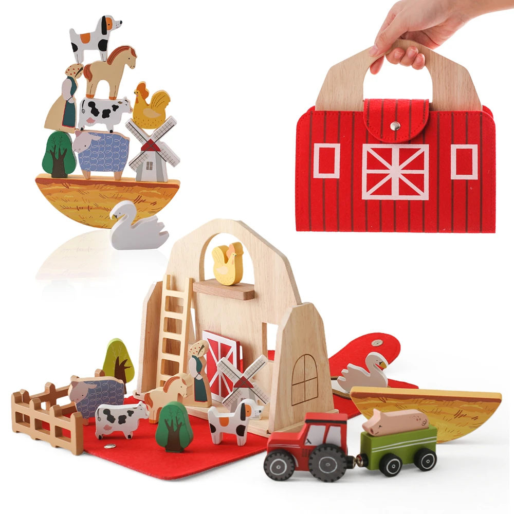 木製納屋おもちゃ農場ごっこ遊びセット-モンテッソーリ教育玩具-子供向け-天然木-滑らかでバリのない-携帯用収納-ギフトおもちゃ