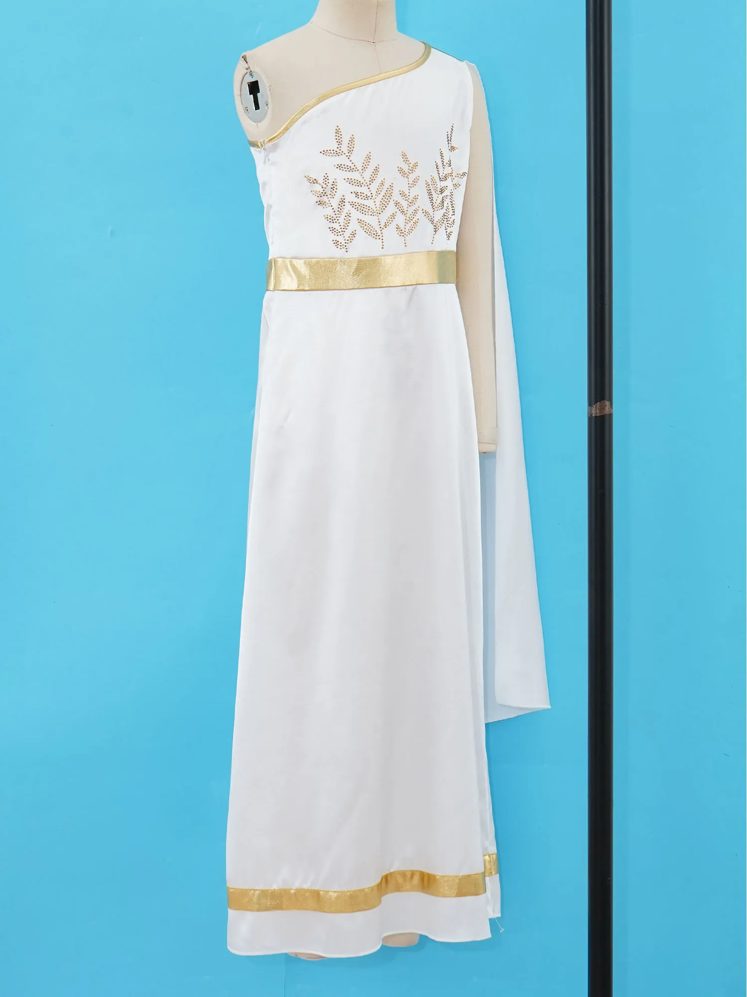 Kids Girls Ancient Greek Toga Goddesses Costume One Shoulder Drapey Gold Trims Robe for Halloween Greece Roman Queen Dresses