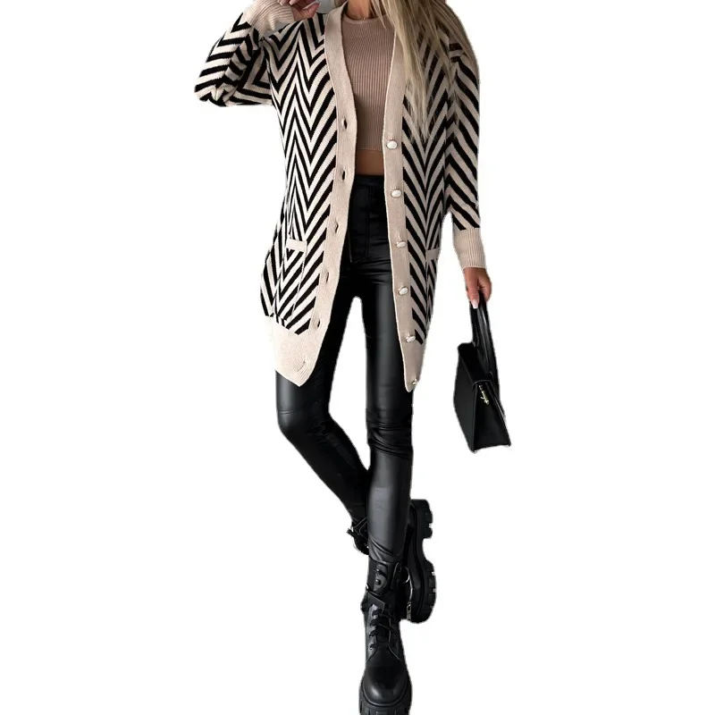 Leopard Print Knit Cardigan coat Women\'s 2024 New Arrival Fashion Autumn Winter Loose Fit Long Sleeve Sweater