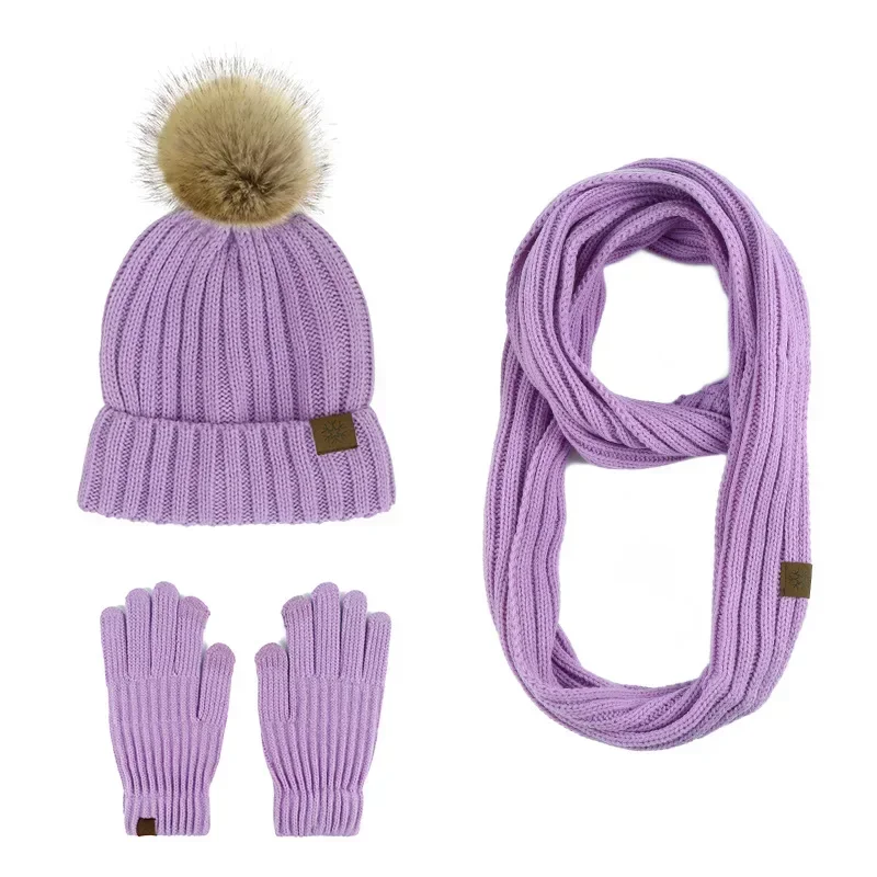 Conjuntos cachecol e luva chapéu pompom de pele monocromática, Gorros de malha, Snood longo bonito, Conjuntos de inverno quente, 3pcs