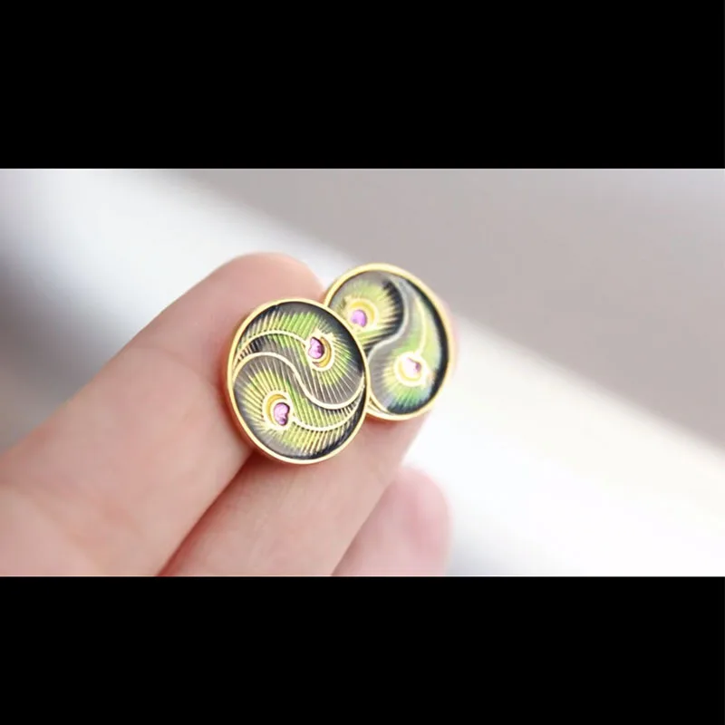 Gorgeous Style Enamel Peacock Feather Tai Chi Bagua Round Gradual Oil Dropping Earrings Women's High-end Luxury Banquet Earrings