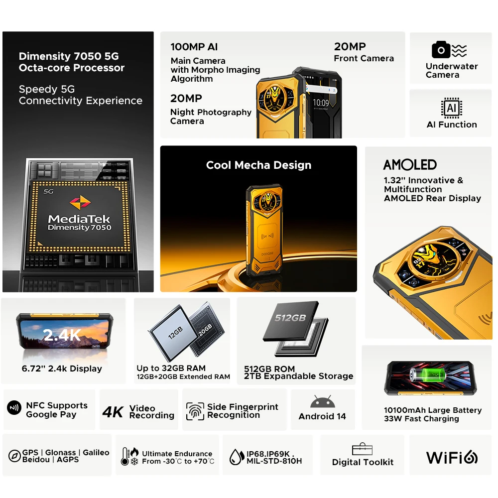 DOOGEE S200 X 5G هاتف متين 6.72 "120 هرتز الأبعاد 7050 12GB + 512GB AI كاميرا ثلاثية 10100mAh بطارية NFC 5g الهاتف الذكي