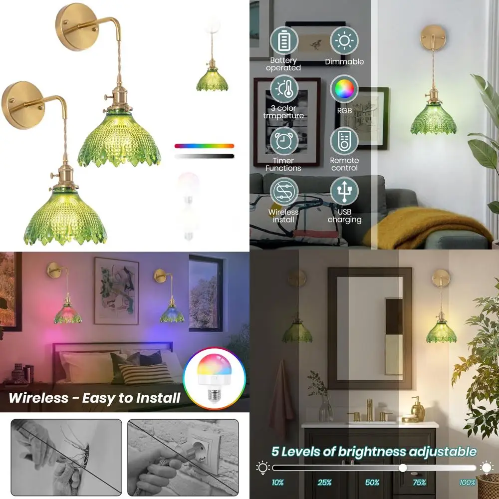 

Set of 2 Rechargeable Battery-Powered Wall Sconces with Green Glass Shades, Wireless Indoor Lighting for Living Room and Bedroom