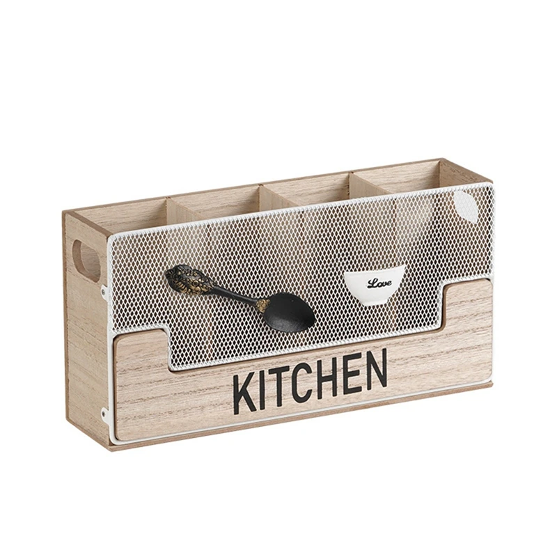 Kitchen Counter Utensil Holder Metal Paired With Wood Flatware Organizer 4 Compartments For Spatula Crock Cutlery