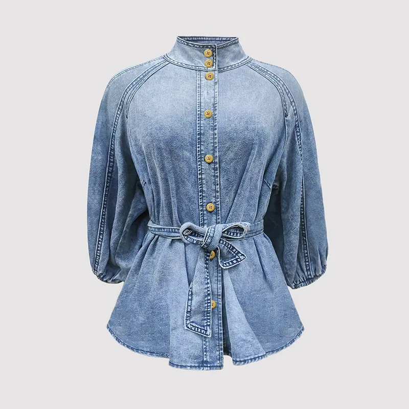 2026 Spring and Autumn Gradient Light Thin Quarter Sleeve Puff Sleeve Pullover Denim Top Shirt
