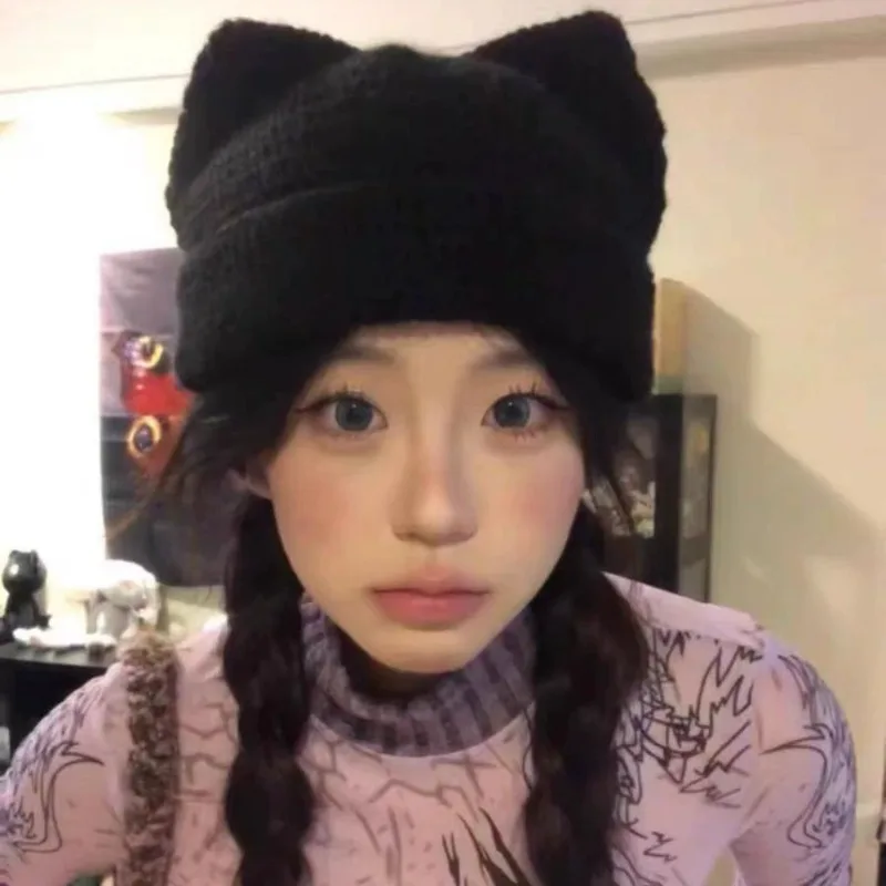 

Японские милые шапочки с кошачьими ушками дьявола Y2K, новые зимние высококачественные вязаные пуловеры из смешанной кроличьей шерсти для женщин и мужчин