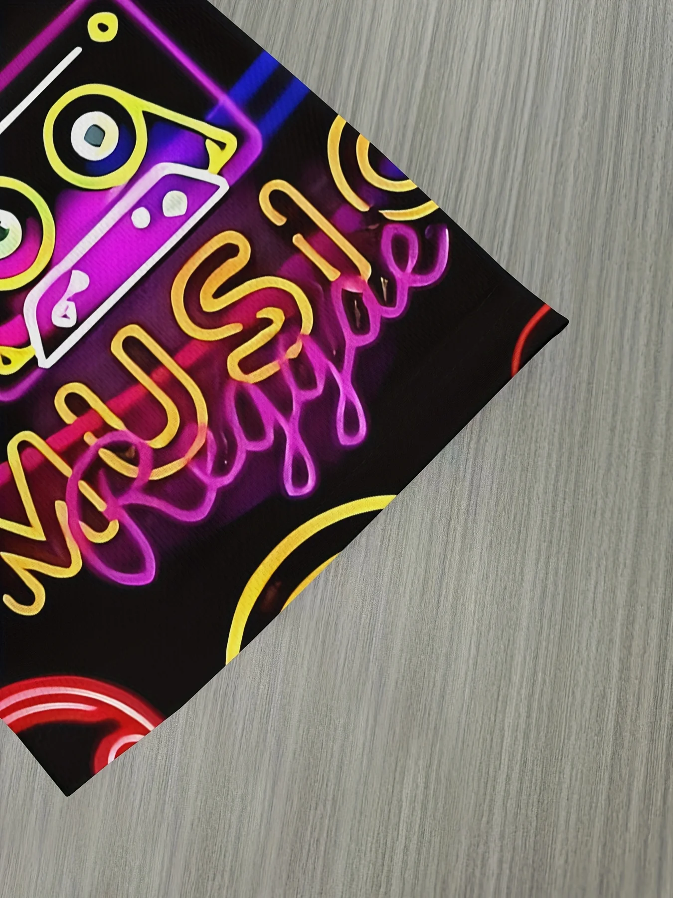 Herren Neon DJ Musik Party Print T-Shirt Schwarz Bunte Noten Kopfhörer Streetwear Tee – Detail 6