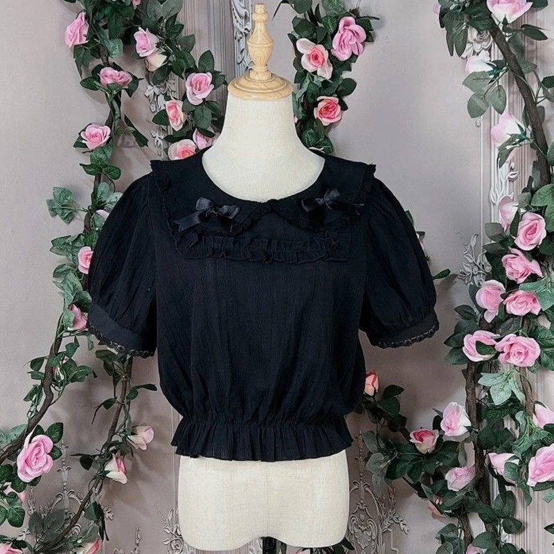 Japanese Gothic Lolita JK Shirts Women Vintage Bow Peter Pan Neck Bottoming Blouse Female Kawaii Puff Short Sleeve Blusas Mujer