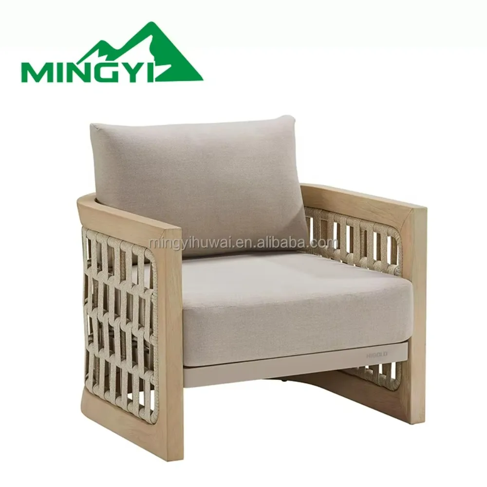 الفاخرة في الهواء الطلق فناء حديقة طقم أريكة فندق حديقة شرفة خشب الساج الطبيعي مزيج أريكة من حبال الربط ووسادة