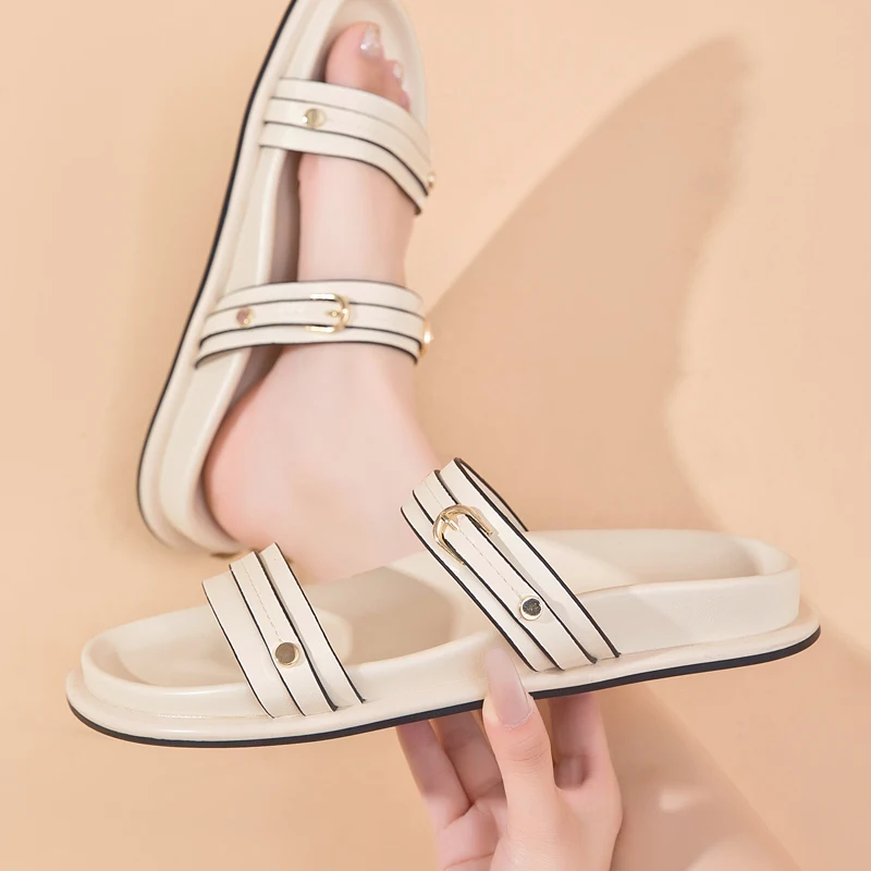 

TRAF Flat Sandals Woman White Metal Buckle Flat Sandals Summer Women Sandals Straps Round toe Flat Slingback Shoes