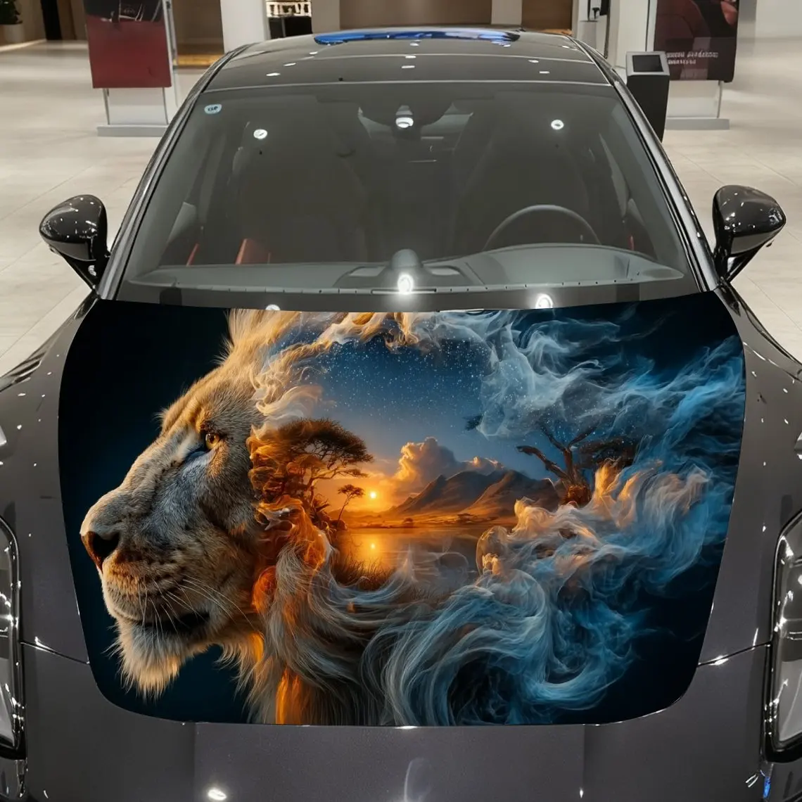 

Orange - Blue Dual Flame African Sunset Lion King Car Vinyl Wrap, PVC Material Waterproof Car Hood Sticker, Self-Adhesive Scratc