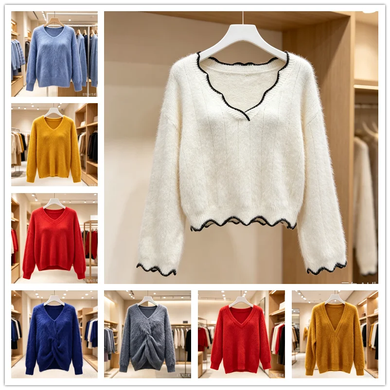Ladies Women Autumn Winter Fashion Hairy Angora Rabbit Hair Knitted V-Neck Long Sleeves Loose Pullover Mink Fur Sweater Jumper