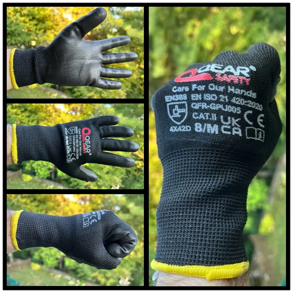 Black Cut Level D Protect General Work Safety Gloves, Thin PU Palm And Fingertips Coated, Dexterity, Grip, Breathable