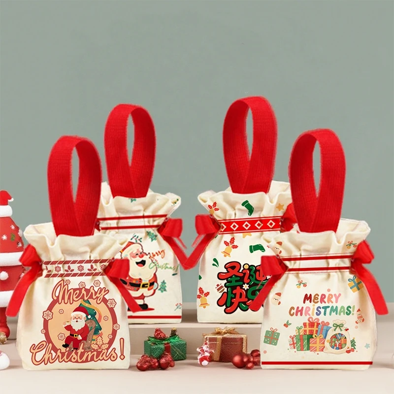 حقيبة هدايا عيد الميلاد مصنوعة يدويًا حقيبة برباط لعيد الميلاد حقيبة قماش قنب حقيبة تغليف الهدايا الاحتفالية لعطلة هدايا حفلات الأطفال