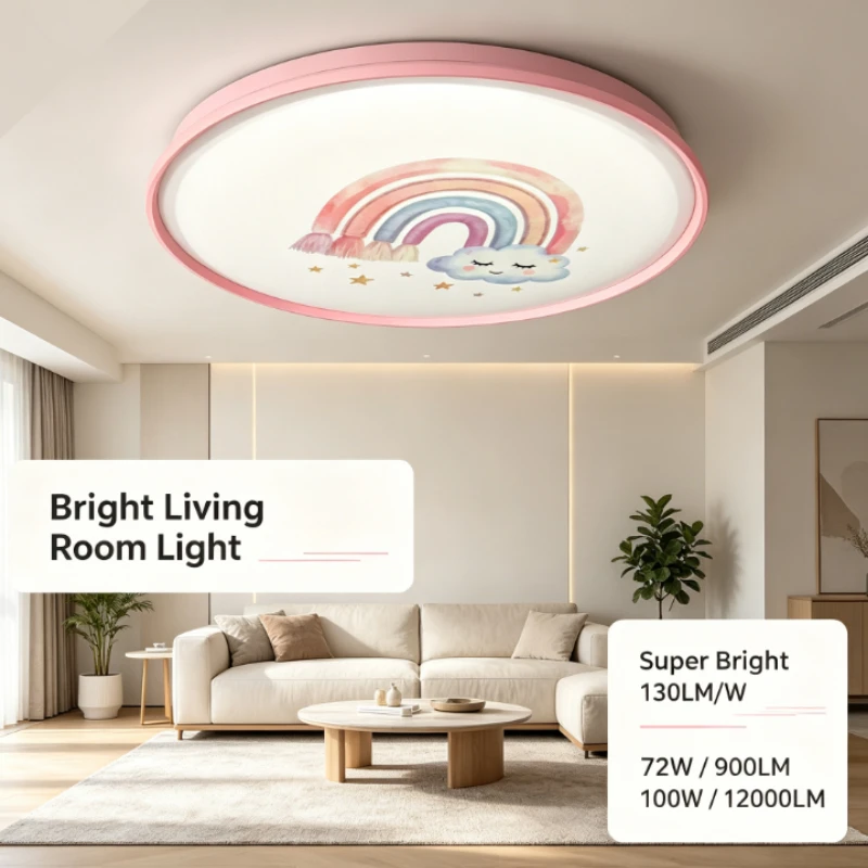 Modern Led Ceiling Light Round Fixture With Pink Rainbow Cloud Pattern And Starry Panel Room