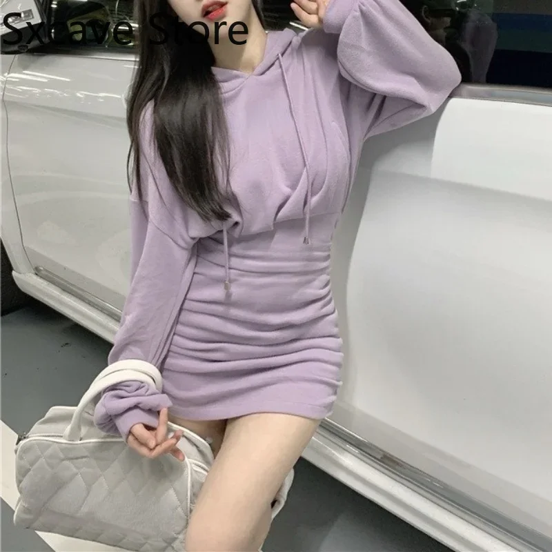 High Waist Hoodies Dress Women Casual Long Sleeve Sexy Y2k Mini Dress 2024 Autumn Design One Piece Dress Korean Kawaii Clothing