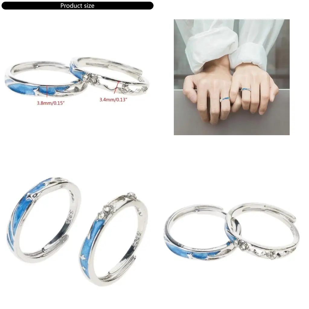 2pcs Sea Blue Meteoric Star Couple Matching Rings Adjustable Promise Wedding Bands Jewelry Gift for Women Men