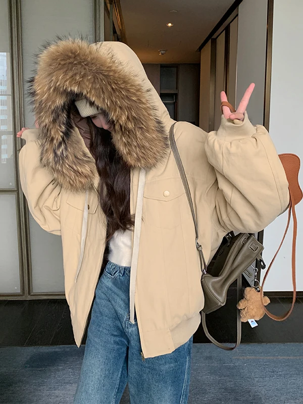 

i ort Thiened Fur Collar Parka Women's Winter Warm Fce Lined Outerwear Korean Sle Zipper Closure Long Sve Coat