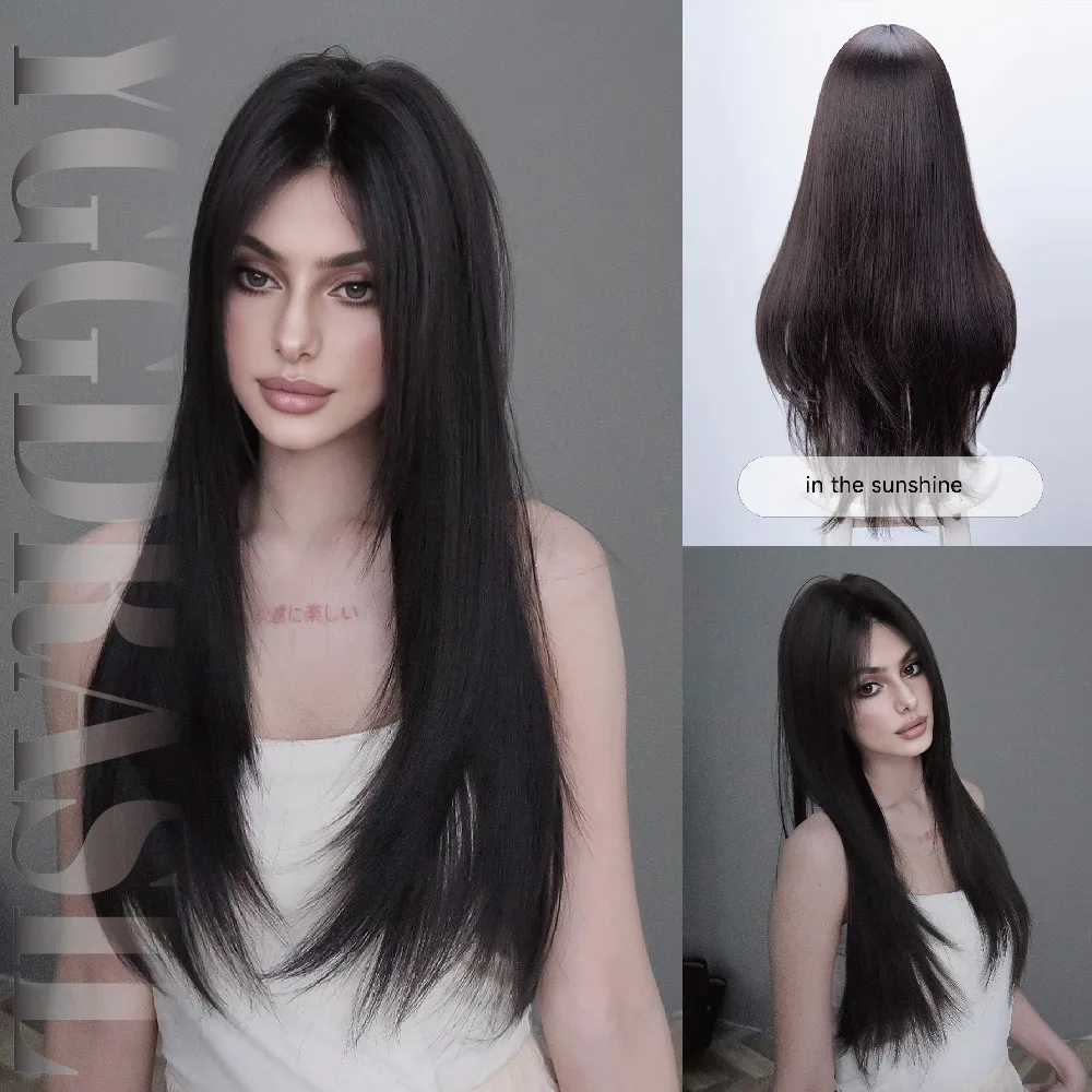 

28Inch Demure Style Dark Brown Synthetic Lace Wigs Middle Part Long Straight Lace Front Hair For Women Daily Use Heat Resistant