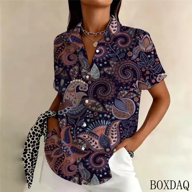 2026 Long Sleeved Lapel Button Shirts Casual Cashew Flower Pattern Printed Summer Women's Loose Blouse