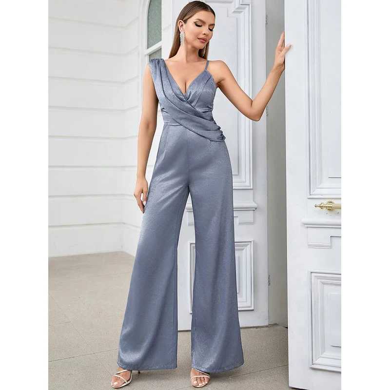 MSMUSI 2025 New Fashion Women Sexy Strap One Shoulder Sleeveless Backless Bodycon Party Club Flare Long Pant Lady Slim Jumpsuit