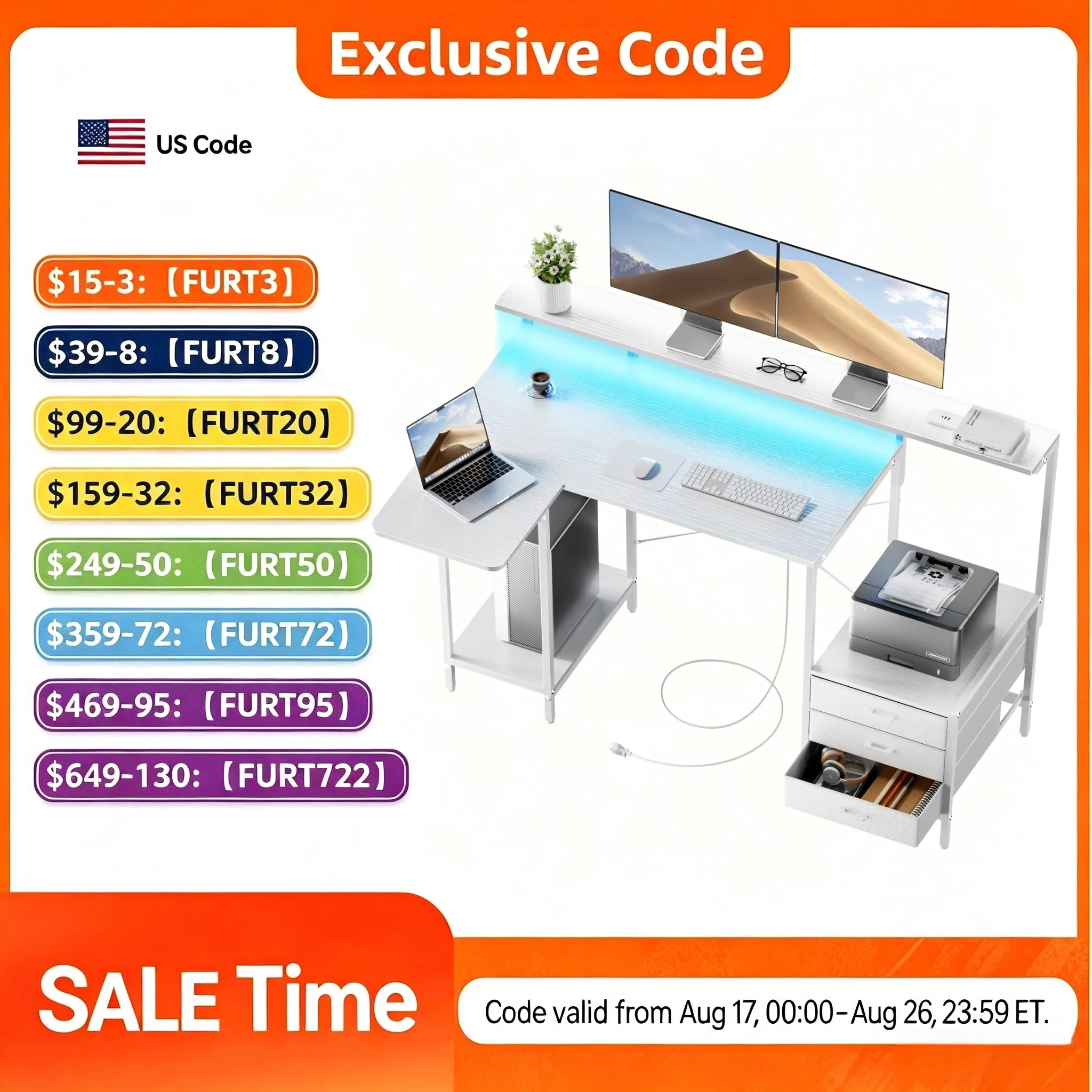 Ergonomic Computer Desk with Monitor Stand, RGB LED Gaming Desk, Featuring a Built-in Charging Station, Power Outlets, and USB Ports, Complete with Storage Drawers and a Fold-Out Side Table; Ideal for Home Offices and Gaming Workstations; Available in Mul