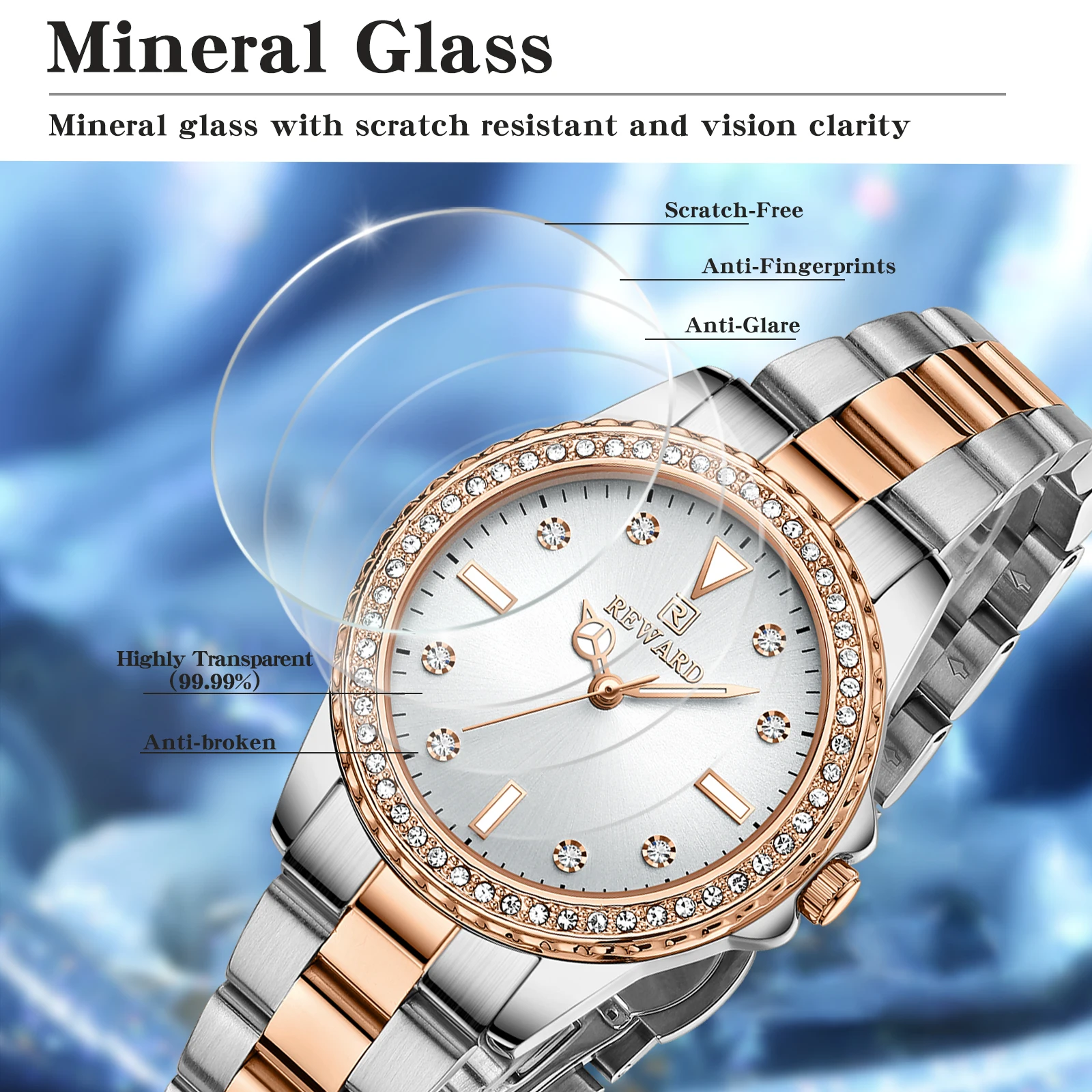 New REWARD Top Brand Luxury Watch for Women Japan Movement Stainless Steel Dress Wristwatch Waterproof Luminous Quartz Watches