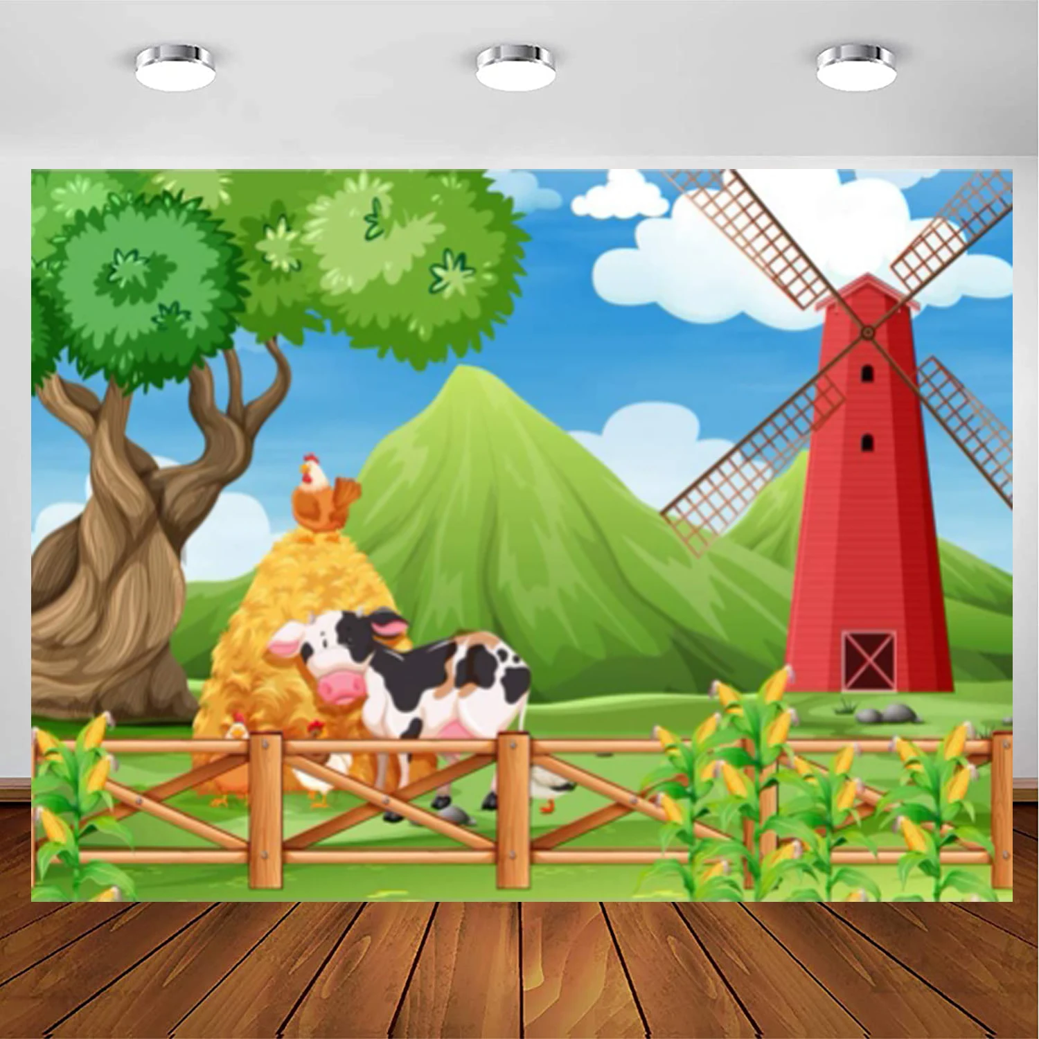 

Cartoon Farm Photography Backdrop Kids Happy Birthday Party Background Banner Hacienda Cute Cow Chicken Tree Mountain Blue Sky