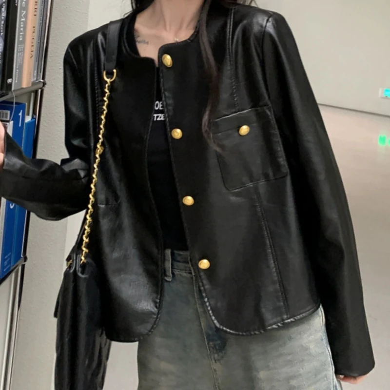 Black Popular Leather Jacket for Women Short Spring New Small Korean Style High-end PU Leather Jacket Trendy