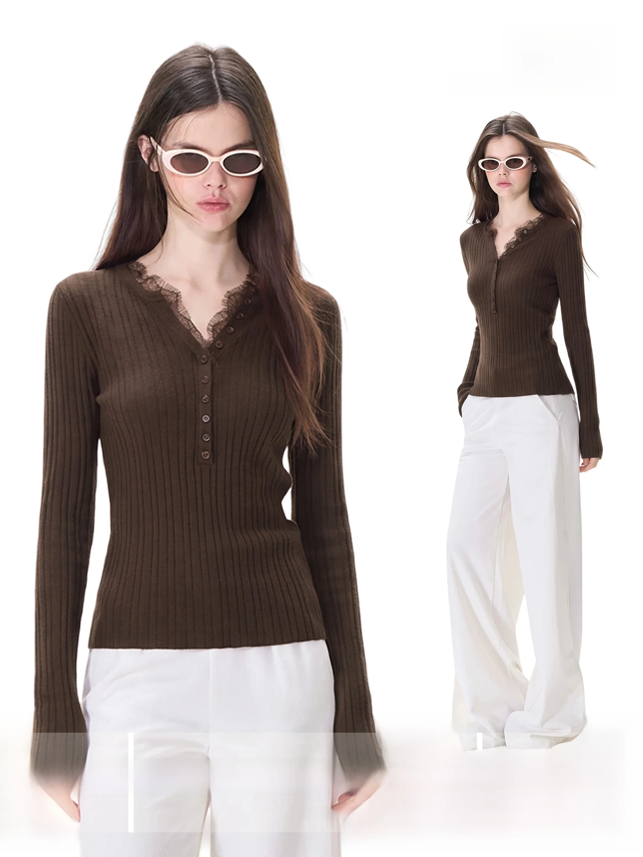 Caramel Long Sleeve Lace V-Neck Knitted Top Women's Slim Fit Short Style Base Shirt Office Commute Style Autumn Winter Fashion