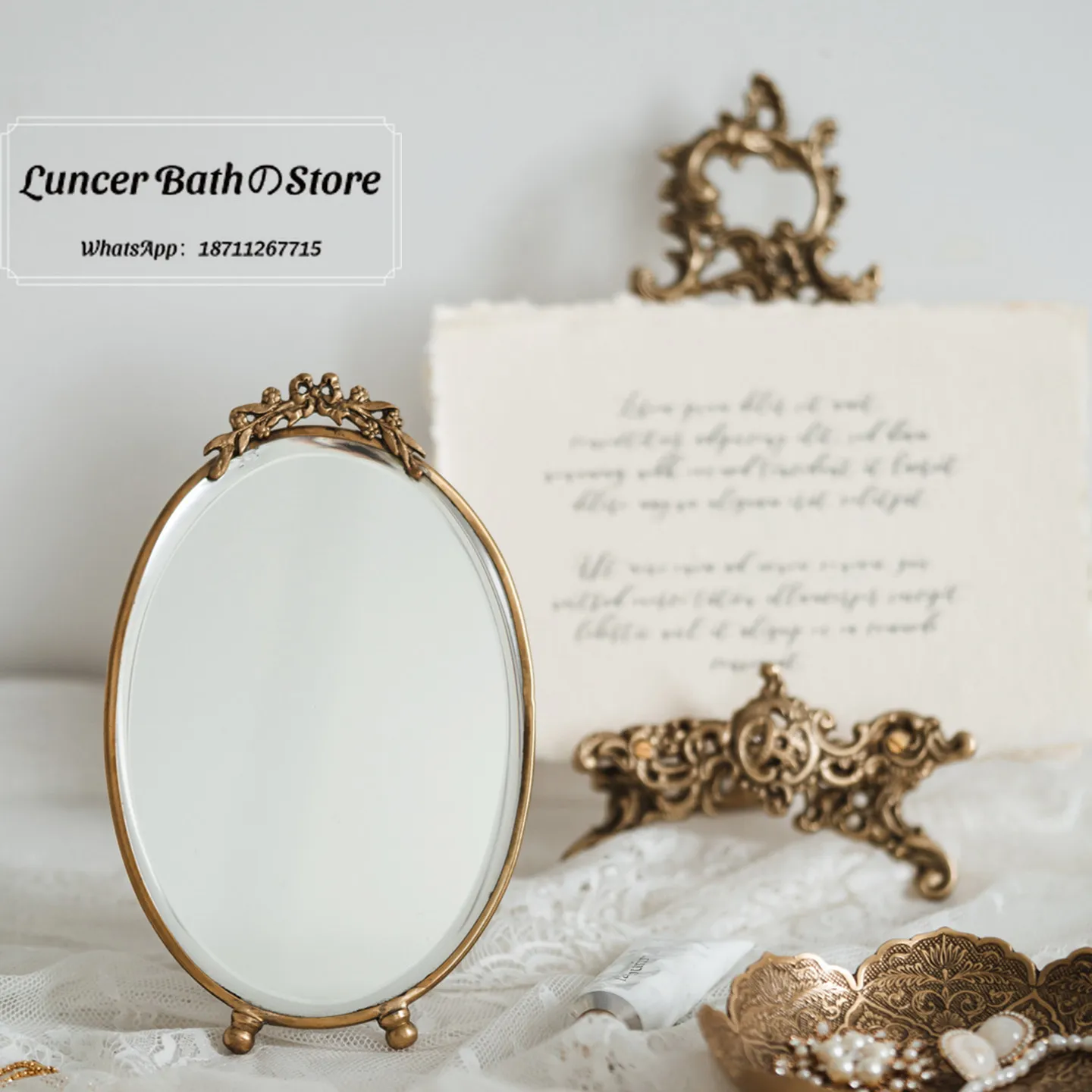 Retro gold tray rack, brass mini makeup mirror display rack, bracket, photo frame decorative shelf.