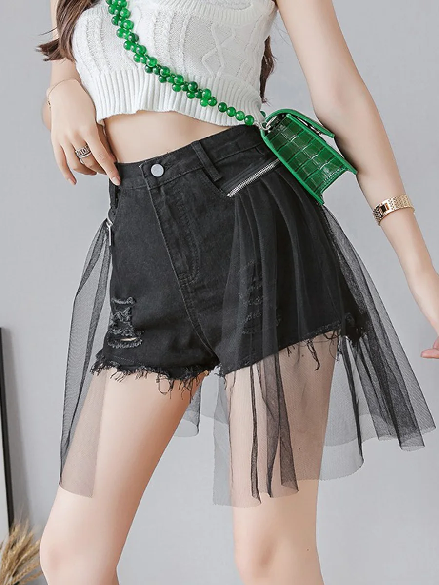 High Waist Denim Shorts Women's Fashion Design Slimming Hole Punching Detachable Mesh Splicing Summer Cotton Stretch Jeans