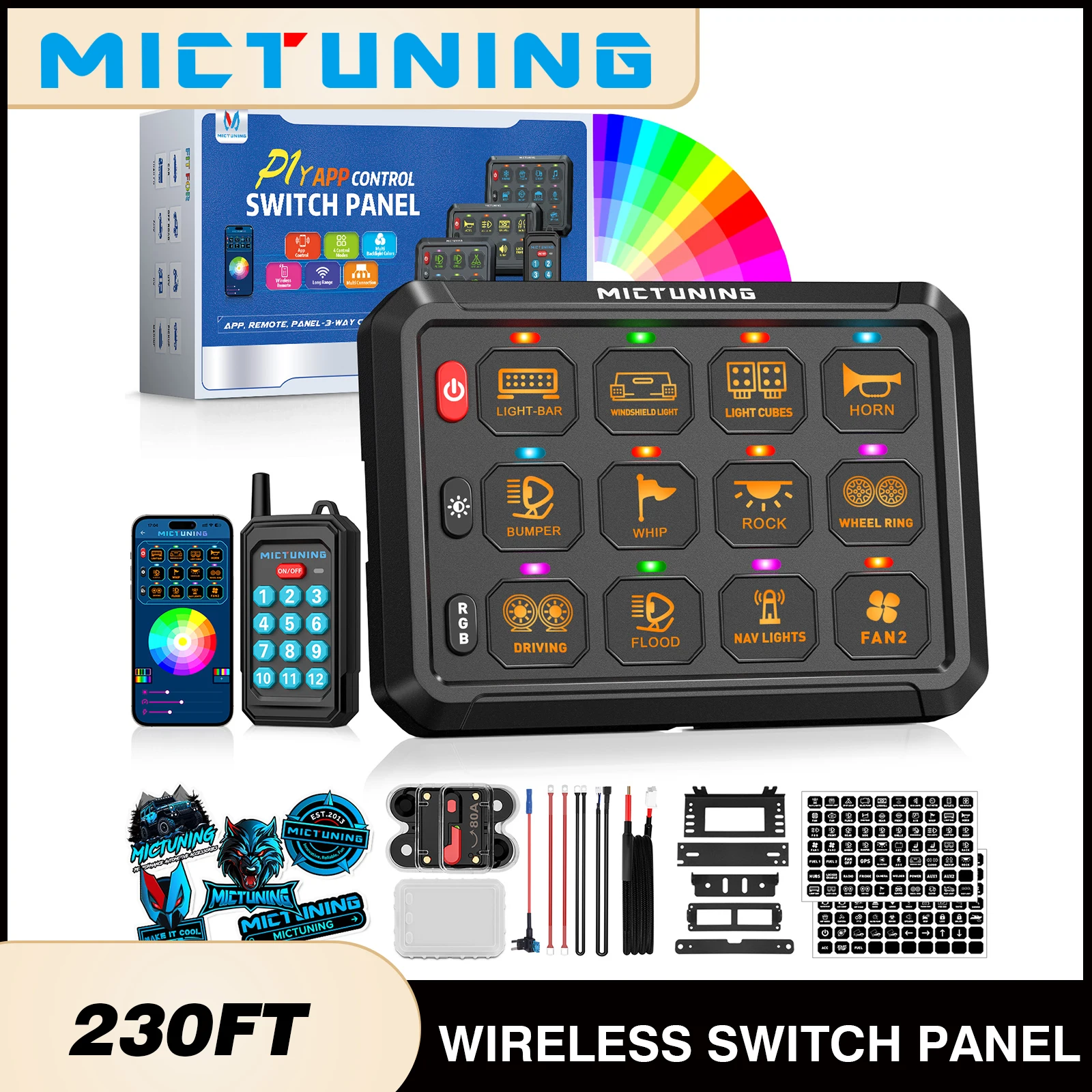 MICTUNING P1Y RGB 8/12 Gang Switch Panel,Wireless Remote 230FT&App Control,6-Level Brightness Adjustment For Truck Offroad RV